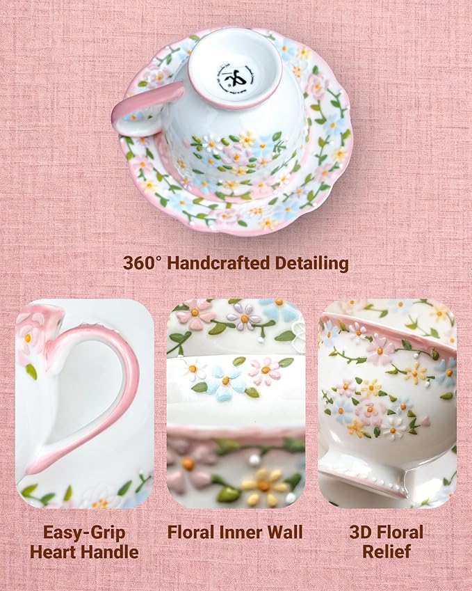 Exquisite Bone China Tea Cups and Saucer Set – Elegant Porcelain Tea Cups, Beautifully Detailed for Tea Lovers, Gift-Ready for Christmas, Hostess, Holiday Gift & Fall Decor