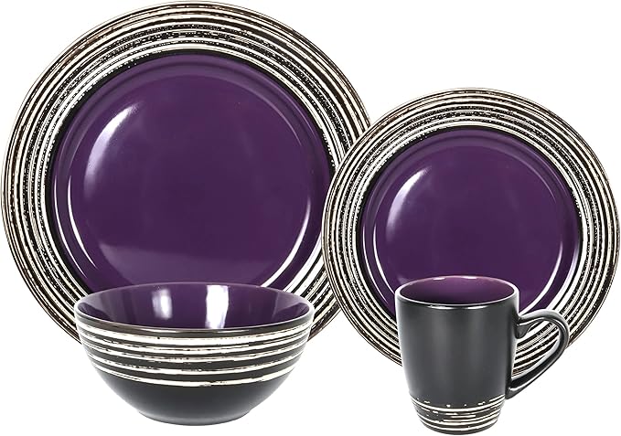 16 Piece Dinnerware Set, Ceramic Plates and Bowls Sets for 4, Microwave and Dishwasher Safe, Handcrafted Tree Bark Series Dish Set, Lavender/Purple