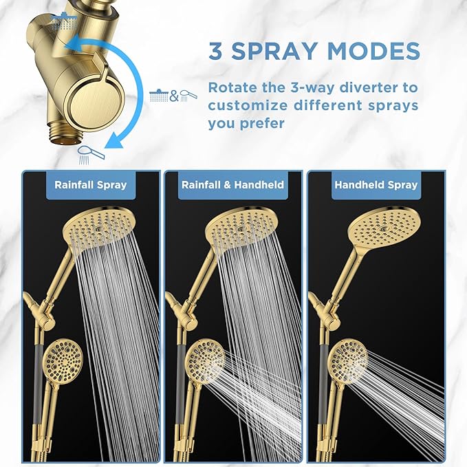 MakeFit Dual Filtered Rain Shower Head Combo, High Pressure Handheld Shower Head with Adjustable Bar - Rainfall Shower Head And Showerhead with Filter for Hard Water - Removes Chlorine(Gold)