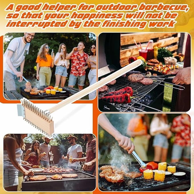 2 Pcs Stainless Steel Grill Brushes, Grill Scraper with 30'' Long Wooden Handle Commercial Oven Charbroiler Cleaning Brush for Outdoor Kitchens BBQ Restaurants
