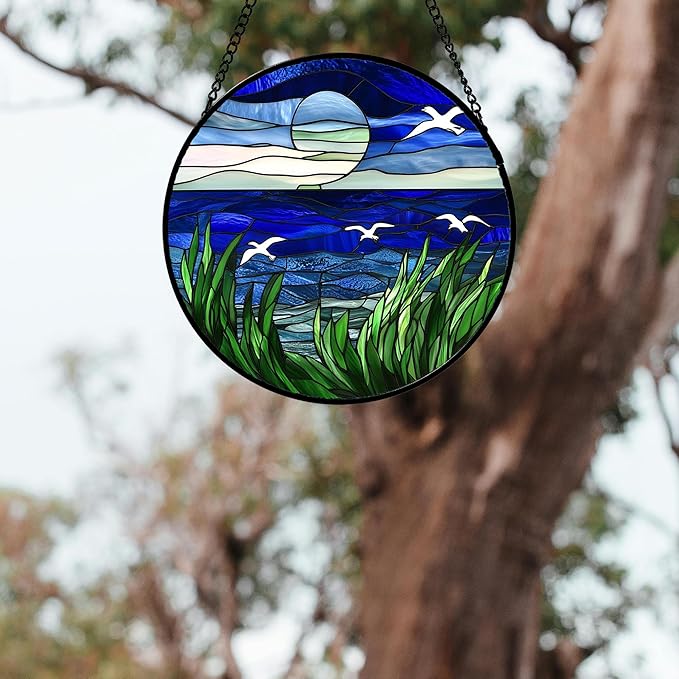 Stained Glass Window Hanging 4 Pcs Set Navy Blue Ocean Landscape 6.3" - Suncatcher Door Garden Sun Catcher Decor Birthday Mother's Day for Mom Woman Nana Girl Boy Friend