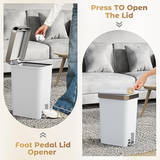 2Pack Small Bathroom Trash Can with Lid Soft Close, 10 Liter/2.6 Gallon Slim Garbage Can-Metal Step and Press top Lid, Mini Modern Waste Basket for Toilet, Office, Bedroom,Dorm,Grayish-White