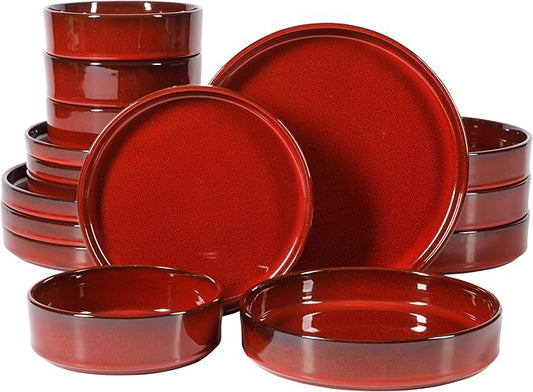 Bloomhouse - Two Time Oprah's Favorite Things Winner - Santorini Mist Double Bowl Terracotta Reactive Glaze Plates and Bowls Dinnerware Set - Garnet Red, Service for Four (16pcs)