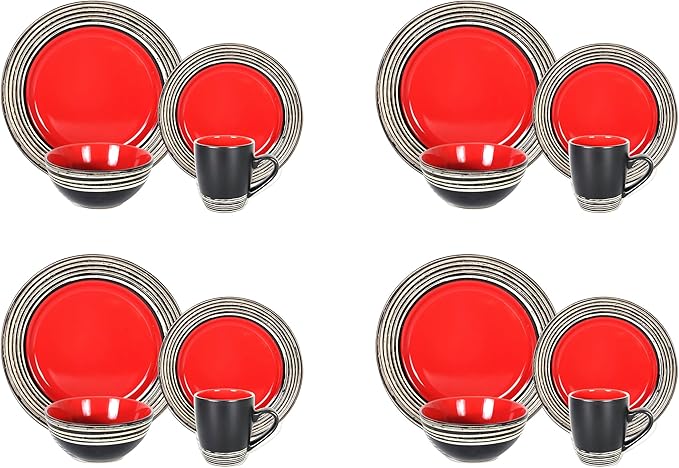 16 Piece Dinnerware Set, Ceramic Plates and Bowls Sets for 4, Microwave and Dishwasher Safe, Handcrafted Tree Bark Series Dish Set, Strawberry/Red
