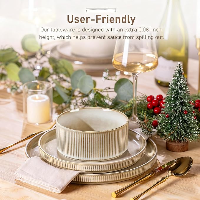 GBHOME Stoneware Dinnerware Sets for 4,Round Reactive Glaze Ceramic Plates and Bowls Set,Highly Scratch Resistant | Dishwasher & Microwave Safe Dishes Set,Service for 4(12Pcs)，Cappuccino