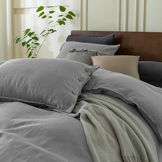 EVERLY 100% Pure Linen Duvet Cover Set Queen Size 90X90Inch 3pcs (1 Duvet Cover,2 Pillowcases) Soft and Breathable for All Season with Coconut Button Closure, Suitable for Hot Sleepers-Grey