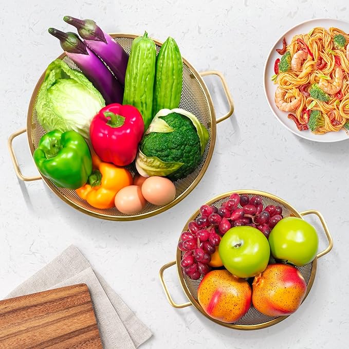 2PCS Gold Strainer for Kitche, 3QT and 5QT, Stainless Steel Colander with Handle for Fruits Vegetables Cooking Food, Dishwasher Safe