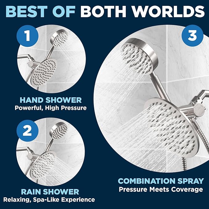 HammerHead Showers® Solid Metal Dual Shower Head Combo – BRUSHED NICKEL – 8 Inch Rainfall High Flow Shower Head & Handheld Shower Head High Pressure with Hose 6ft - Hotel-Like Double Shower Heads