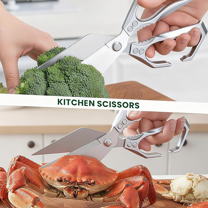 Heavy Duty Kitchen Scissors All purpose, poultry shears for food Cutting Meat, Chicken, Bones, Seafood, Herbs, Nuts, Packages, Culinary scissors with Ergonomic Handle Silver