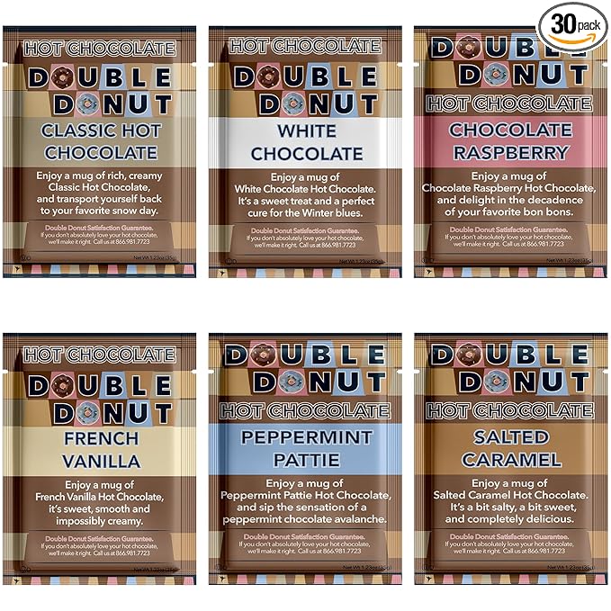 Double Donut Coffee Flavored Hot Chocolate Packets, Gourmet Hot Cocoa Mix Variety Pack 30 Count Includes Classic, White Chocolate, Choc Raspberry, Salted Caramel, French Vanilla & Peppermint