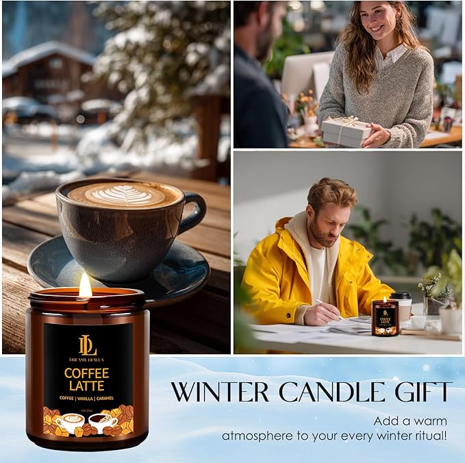Winter Candle Coffee Latte Scented, Natural Soy Candles for Home Scented, 7oz Holiday Candle with 50hr Burn Time, Aromatherapy Candles Winter Holiday Gifts for Women Men
