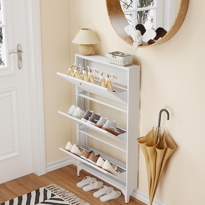 Shoe Cabinet with 3 Flip Drawers, Narrow Shoe Storage Cabinet, Farmhouse Shoe Organizer, Freestanding Organizer with Metal Legs for Entryway, Foyer (3 Door, White)
