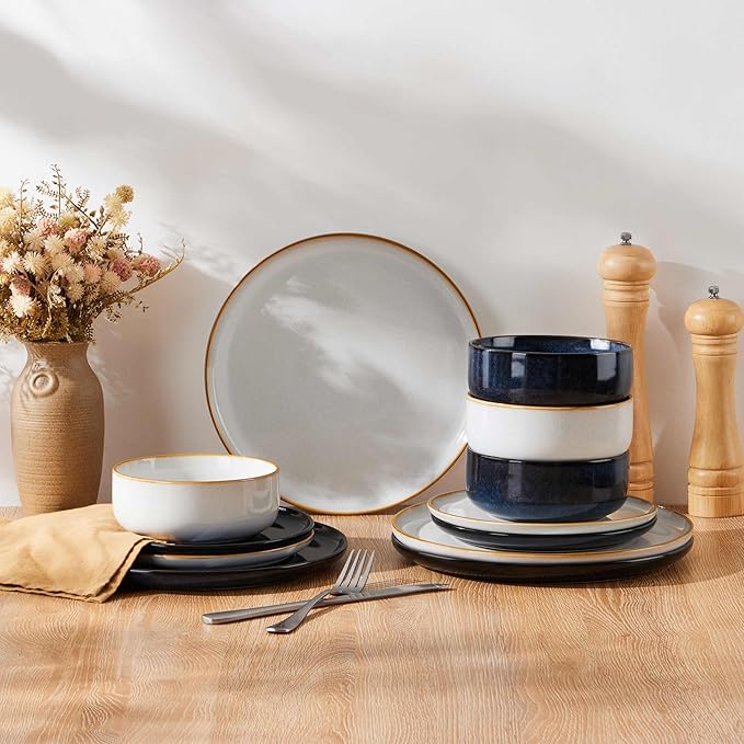 Herogo 12-Piece Stoneware Dinnerware Sets for 4, Dinner Plates and Bowls Sets, Double Reactive Glaze Dishware Place Setting for Kitchen, Scratch Resistant, Microwave Safe, Ivory White & Starry Blue