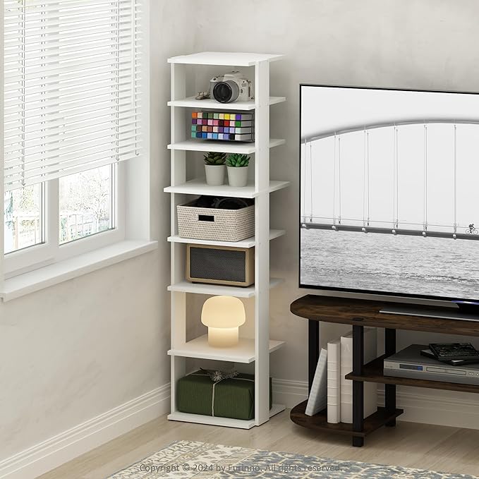 Furinno Turn-N-Tube Corner Shelf, 8-Tier Display Rack, Vertical Corner Storage Rack, Space Saving Organization and Storage, Entryway, Living Room, Closet, White
