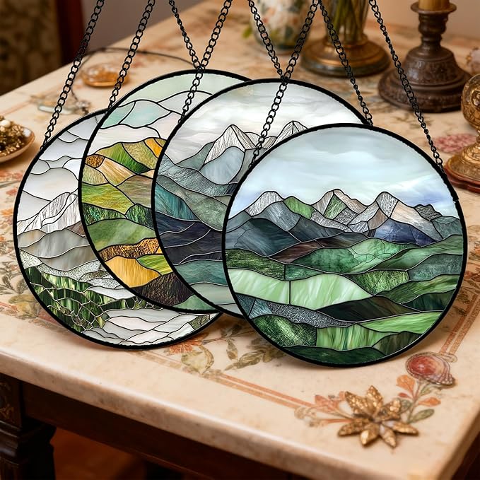 Stained Glass Window Hanging 4 Pcs Set Mountain River Landscape 9.8" - Suncatcher Door Garden Sun Catcher Decor Birthday Mother's Day for Mom Woman Nana Girl Boy Friend