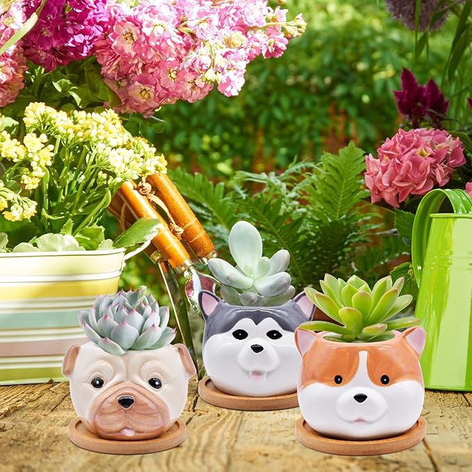 6 Pack Cute Dog Succulent Pots with Drainage – Ceramic Puppy Planters for Small Plants & Cactus, Animal Shaped Mini Flower Pots, Desk & Home Décor, Gift for Dog Lovers, Office, Balcony, Garden
