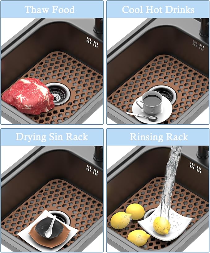 2 Pack Silicone Sink Protector for Kitchen Sink Bathroom, 13.58"x 11.6" Heat-resistant Sinks Mat, Non-Slip and Durable Sinks Protectors Silicone, Center Drain (Coffee)
