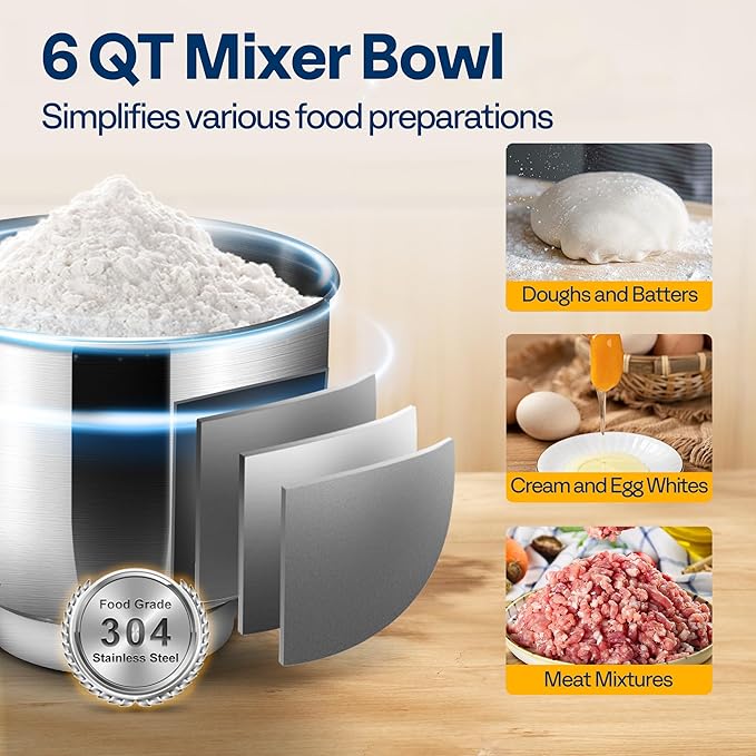 VIVOHOME 3 in 1 Multifunctional Stand Mixer with 6 Quart Stainless Steel Bowl, 650W 6 Speed Tilt-Head Meat Grinder, Juice Blender, Silver