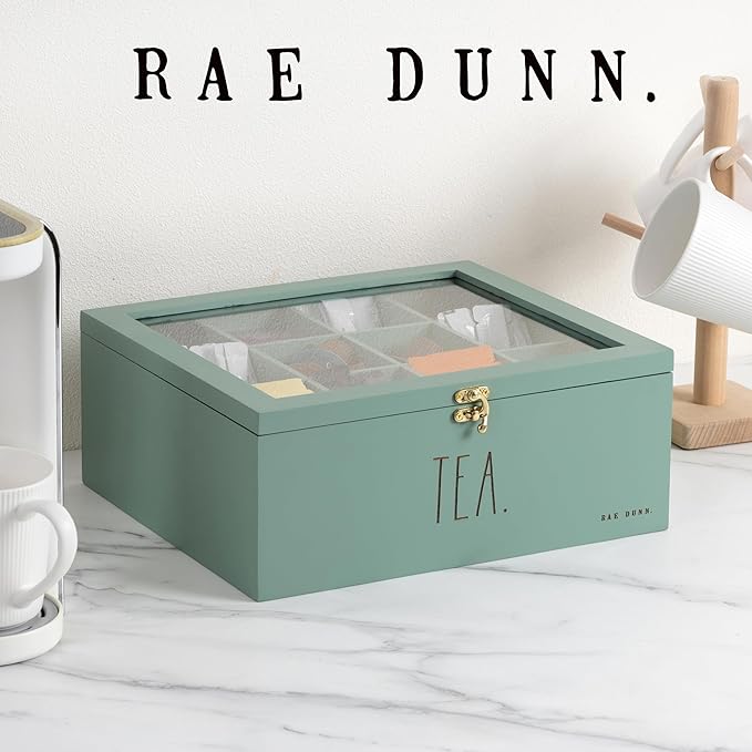 Rae Dunn Tea Bag Organizer - Tea Box Divided Storage Container Box with Hinge Lid for Kitchen Cabinet, Countertop, Pantry, Hold Coffee Pods, Seasoning Packets, Condiments, Sage