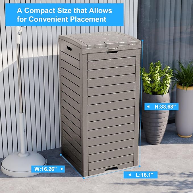 Outdoor Trash Can with Lid, Outdoor Trash Bin & Pull-Out Liquid Drawer, Dual Lid Closure Design, Waterproof Resin Garbage Can Container for Patio, Backyard, Deck (Grey, 38 Gallon)