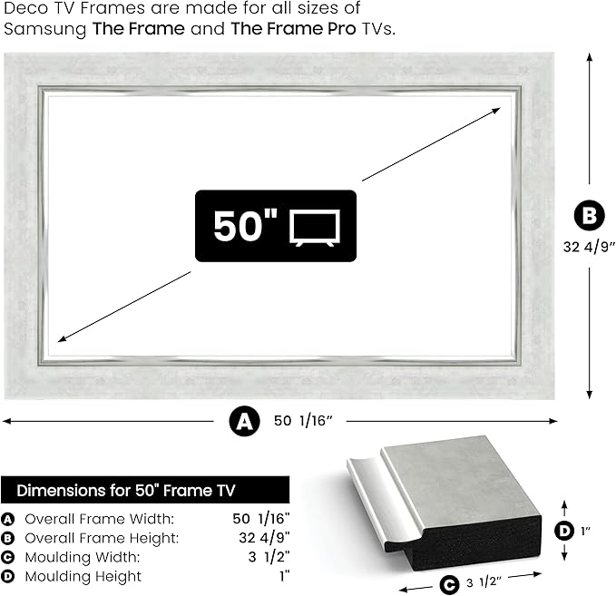 Contemporary Silver 50" Premiere Deco TV Frame - Compatible ONLY with Samsung The Frame TVs (Fits 2021-2025, LS03A, LS03B, LS03C, LS03D, LS03FA)