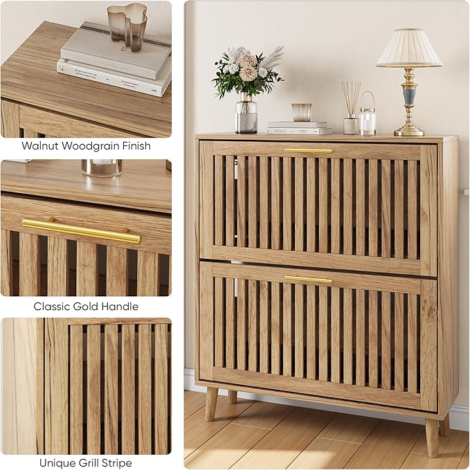 Shoe Storage Cabinet with 2 Flip Slatted Drawers, Narrow Wood Shoe Cabinet with Gold Handle, Hidden Entryway Shoe Organizer for Hallway, Foyer, Natural Oak