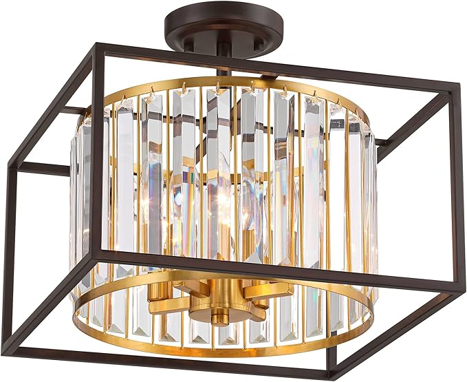 Possini Euro Design Milne 14" Modern Semi Flush-Mount Ceiling Light Fixture Kitchen Foyer Hallway Round 4-Light Brown Bronze and Brass Finish Crystal Bedroom Bathroom Entryway Living Room Small