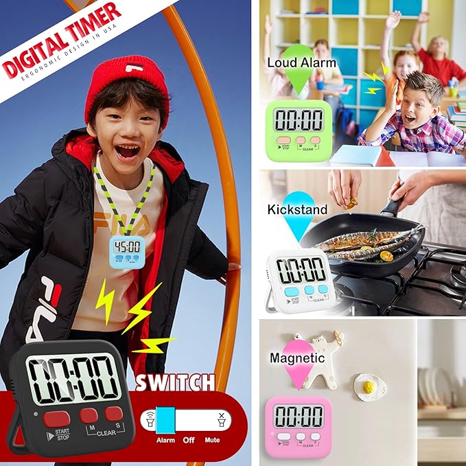 Antonki 2 Pack Digital Timer for Kids, Magnetic Countdown Kitchen Timers for Cooking, Egg, Classroom, Teacher, Exercise, Study, Oven - Battery Included