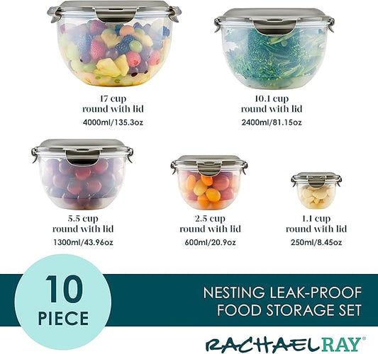 Rachael Ray Leak-Proof Nestable Container Food Storage Bin Set, 10-Piece, Clear with Gray Lids