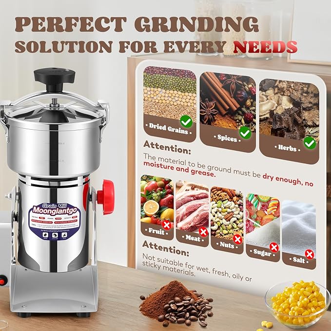 Moongiantgo Upgraded Spiral Seal Grain Mill Grinder Electric 800g 2500W High Speed Spice Grinder Pulverizer Dry Grinding Machine for Dry Cereal Bean Corn Wheat Herbs, with 4 Set Blades (800g, 110V)