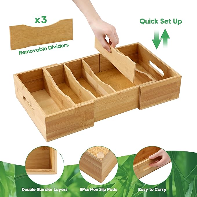 Expandable Food Container Lid Organizers Inside Cabinet, Bamboo Lids Organizer with 3 Adjustable Dividers Groove Design, Food Storage Plastic Lid Holder for Kitchen Storage, Organization