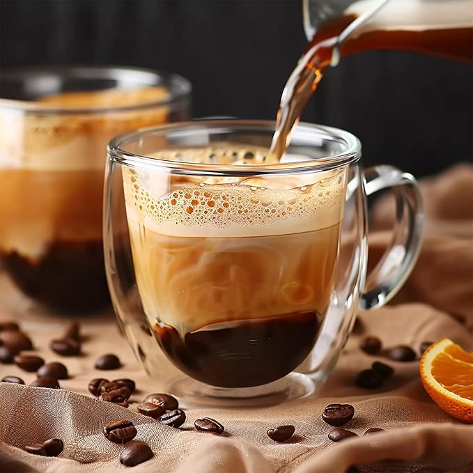 Set of 4 Double Walled Glass Coffee Mugs 3 Ounces Insulated Layer Coffee Cups with Handle Borosilicate Glass Espresso Cup for Hot Beverage,Cappuccino,Tea,Latte,Wine,Microwave Safe