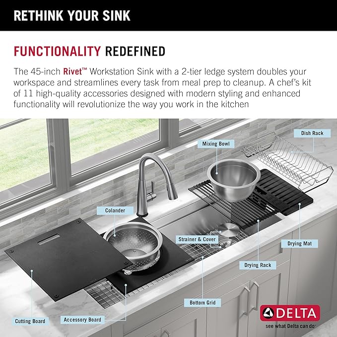 DELTA FAUCET Rivet 45-inch Workstation Kitchen Sink Undermount 16 Gauge Stainless Steel Single Bowl with 2-Tier WorkFlow Ledge and Chef’s Kit of 11 Accessories, 95BA131-45S-SS