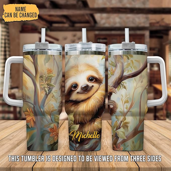 Personalized Sloth 40oz Tumbler with Handle and Straw Gifts for Animal Lovers, Sloth Lovers Cup for Women Girl, Cute Animal Birthday Christmas Gift, Custom Name Stainless Steel Travel Cup