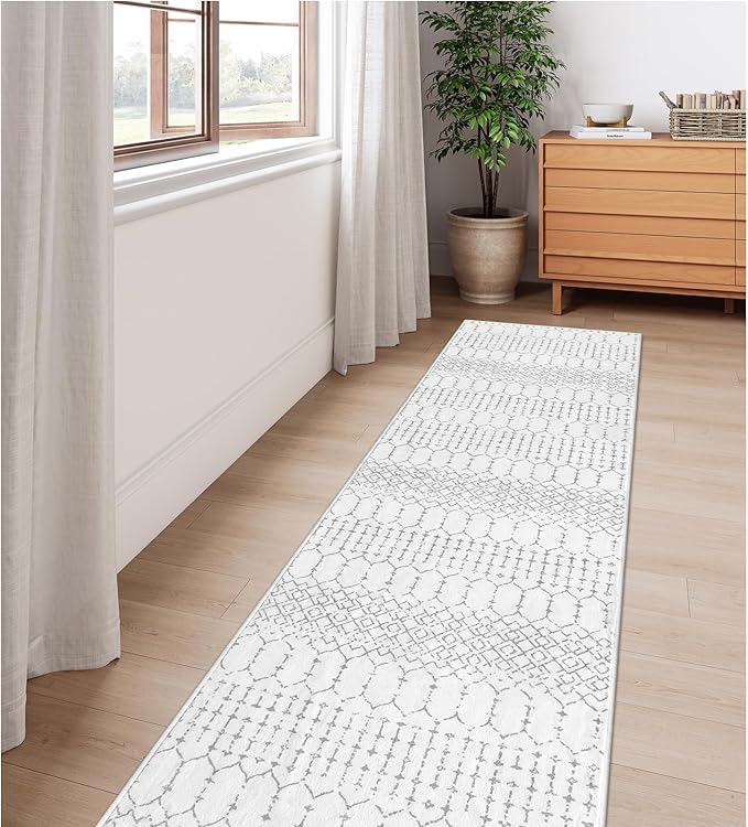 Lahome Moroccan Kitchen Runner Rugs Non Skid Washable - 2x10 Non-Slip Extra Long Rug Runner for Hallways, Modern Geometric Print White Soft Floor Carpet for Bathroom Entryway Foyer
