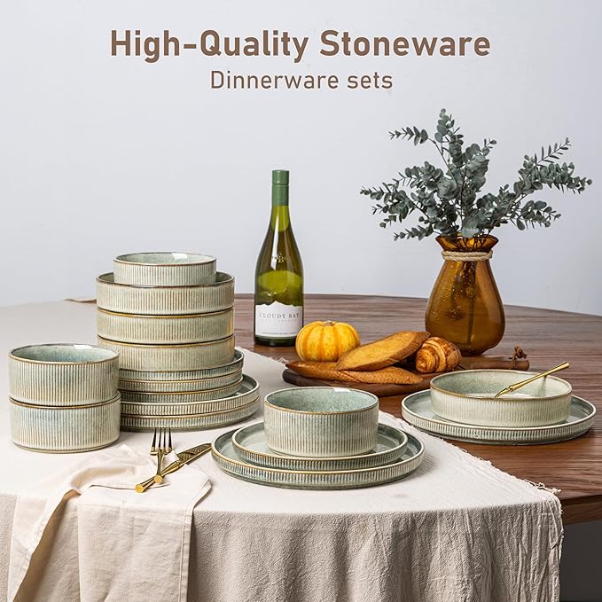 GBHOME Stoneware Dinnerware Sets for 6,Round Reactive Glaze Ceramic Plates and Bowls Set,Highly Scratch Resistant | Dishwasher & Microwave Safe Dishes Set,Service for 6(18Pcs),Desert Sage