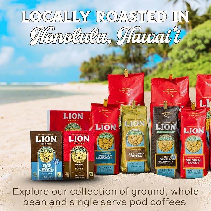 Lion Coffee Toasted Coconut Flavored Medium Roast Coffee Pods - Single-Serve Pods - Hawaiian Inspired Flavor - Arabica Coffee - Compatible with Single-Serve Brewing Systems - 12 Count Box