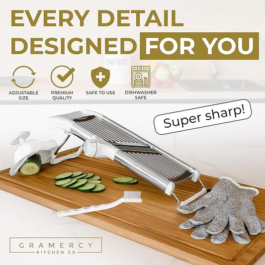 Gramercy Adjustable Mandoline Food Slicer, Mandoline Slicer for Kitchen, Mandolin, Potato, Tomato, Carrot, Vegetable, Fruit and Onion Cutter - Stainless Steel - INCLUDING 1 Pair Cut-Resistant Gloves