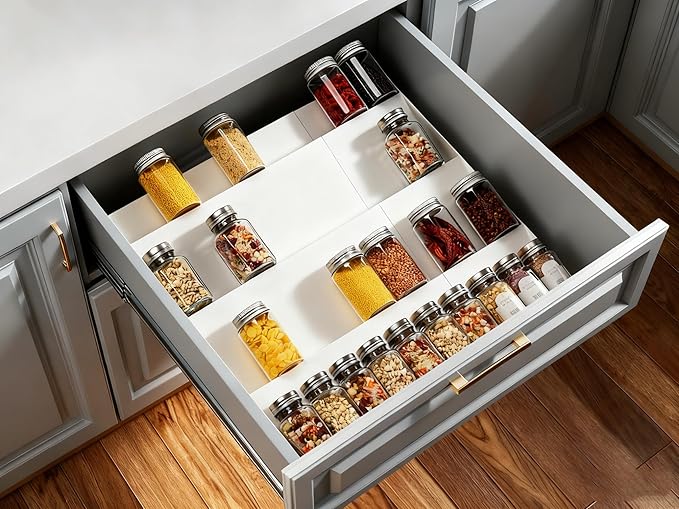 GOENDR Metal Spice Drawer Organizer, 4-Tier Spice Rack for Cabinet, Expandable Seasoning Organizer Fits 11.4-22.8” Drawer, Holds up to 48 Spice Jars (Not Included), White