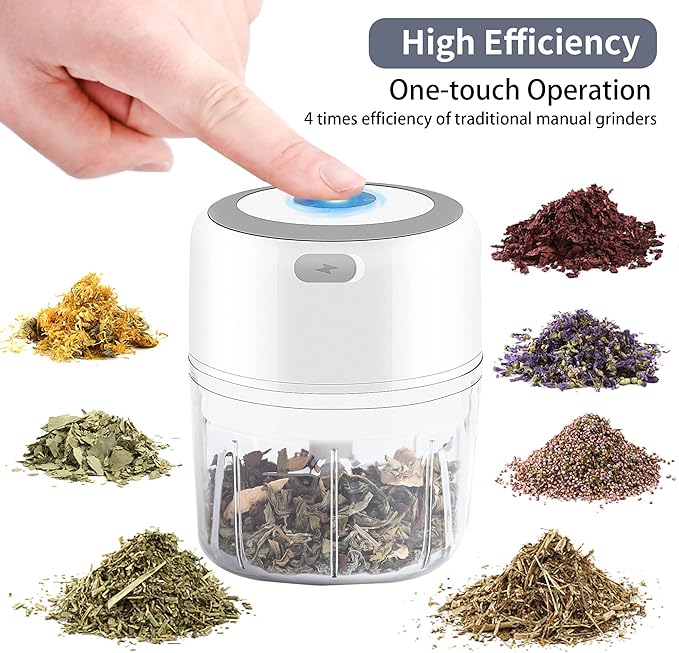 Electric Herb Grinder, 3.5 Inch Large Grinders for Grinding Dry Fresh Herbs and Spice with Clear Chamber, Portable USB Charge Herb Grinder, Including Clean Brush and Tweezers, Gift Box, White