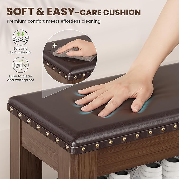 Shoe Bench for Entryway, Solid Rubberwood Shoe Bench with Hidden Storage, Adjustable 2-Tier Shelves & Soft PU Leather Seat, Shoe Rack Durable Easy Assembly for Hallway or Bedroom - Brown, 23.6"