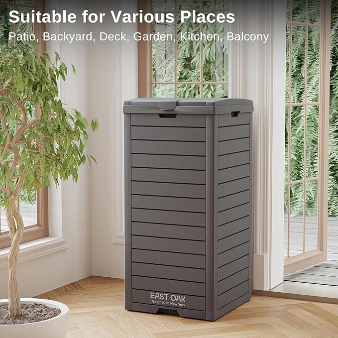 East Oak 38 Gallon Outdoor Trash Can | Waterproof Resin Garbage Can Featuring Tiered Lid & Drip Tray | Outside Trash Bin for Kitchen, Patio | Backyard & Deck | Gray Color