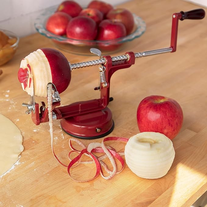 Apple Peeler and Corer - Durable Heavy Duty Chrome Cast Iron w Powerful Countertop Suction, Hand Crank for Fruits, Potatoes or Veggies, Picking Season- Holiday Pie Dessert Baking, Must Have Xmas Gift