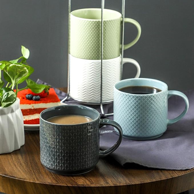 Stackable Coffee Mugs with Stand, 15 Ounce Ceramic Embossed Mugs Set of 4 for Coffee, Latte, Tea, Cute Porcelain Cups for Christmas Gift, Dishwasher & Microwave Safe, Multi Color