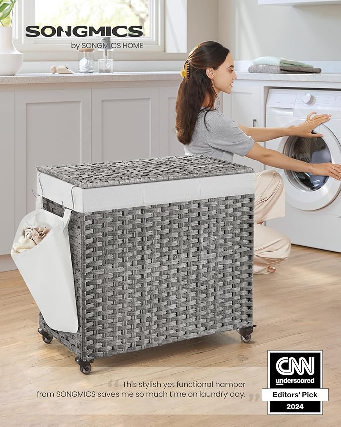 SONGMICS Laundry Hamper with Lid, 42.3 Gallons (160 L), Rolling Laundry Basket with Wheels, 3-Section Synthetic Rattan, Removable Liner, Bedroom, 27.6 x 14.2 x 26 Inches, Gray ULCB365G01