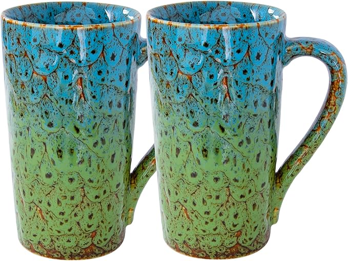 20oz Porcelain Coffee Mugs Set of 2, Large Tall Coffee Mugs with Handles, Modern Ceramic Coffee Cups for Coffee, Tea, Cocoa, Milk, Gifts for Women Men - Blue & Green