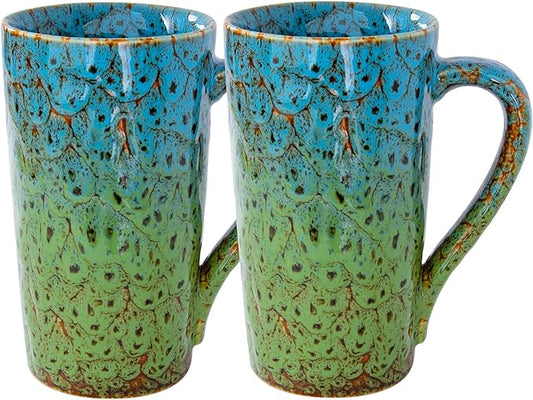 20oz Porcelain Coffee Mugs Set of 2, Large Tall Coffee Mugs with Handles, Modern Ceramic Coffee Cups for Coffee, Tea, Cocoa, Milk, Gifts for Women Men - Blue & Green
