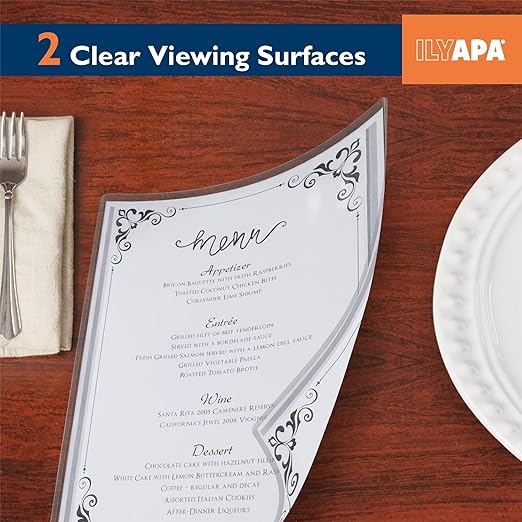 Ilyapa 30 Pack of Menu Covers 8.5 x 11 Inches - Single Page, 2 View - Restaurant Menu Covers, Double Stitched Sleeves, Two Clear Viewing Surfaces