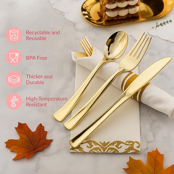 Prestee 400 Piece Pre Rolled Gold Plastic Silverware Set for 100 Guests - Disposable Silverware Set with Napkins for Weddings and Events - Wrapped Forks, Spoons and Knives with Elegant Gold Finish