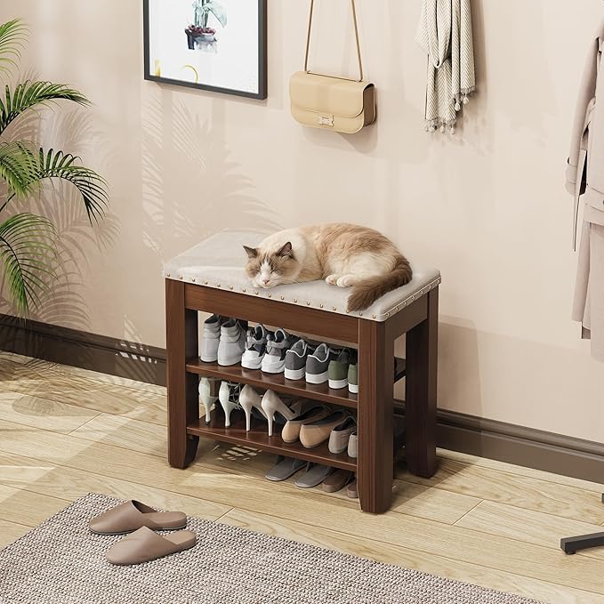 Shoe Bench for Entryway, Solid Rubberwood Shoe Bench with Hidden Storage, Adjustable 2-Tier Shelves & Soft PU Leather Seat, Shoe Rack Durable Easy Assembly for Hallway or Bedroom - Beige, 23.6"